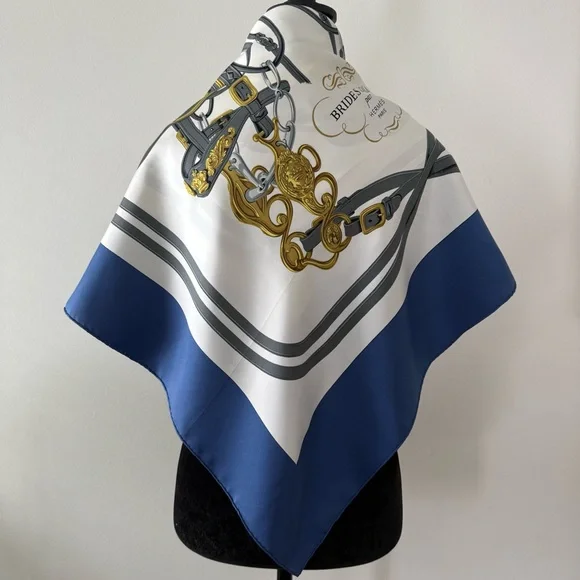 Hermès Brides de Gala Silk Scarf in Royal Blue White & Gold - Picture 9 of 14